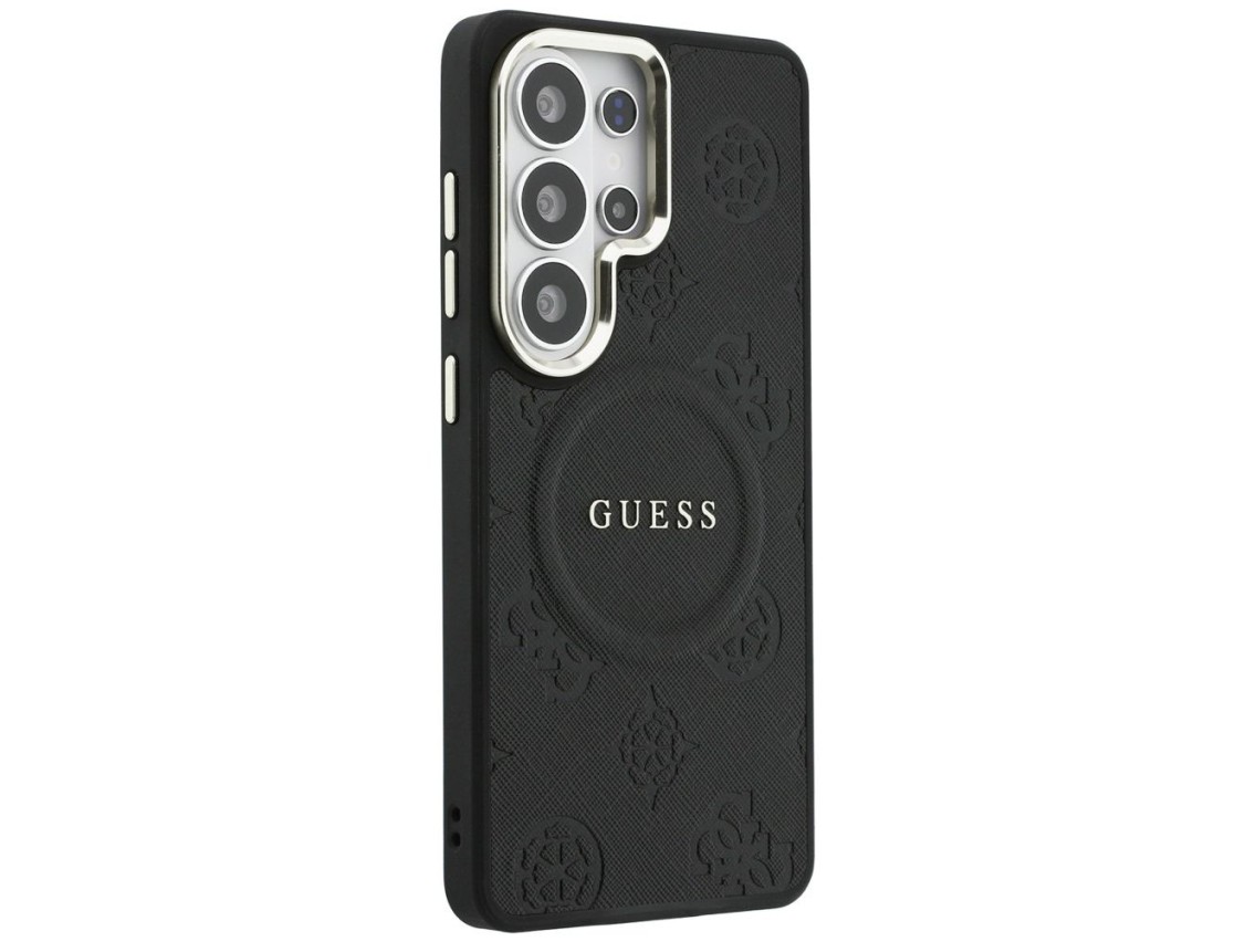 Funda Guess Saffiano Peony con anillo en relieve y MagSafe para Samsung Galaxy S26 Ultra - Negra