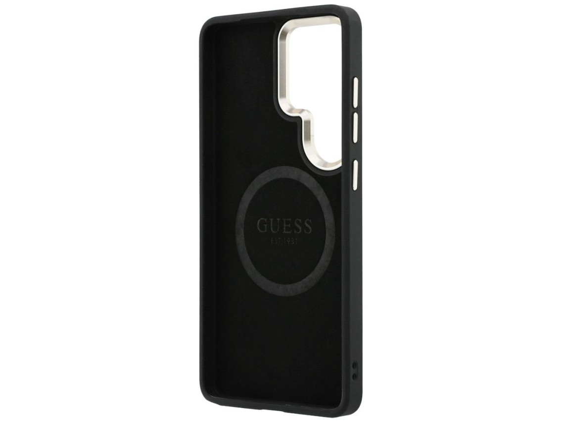 Funda Guess Saffiano Peony con anillo en relieve y MagSafe para Samsung Galaxy S26 Ultra - Negra