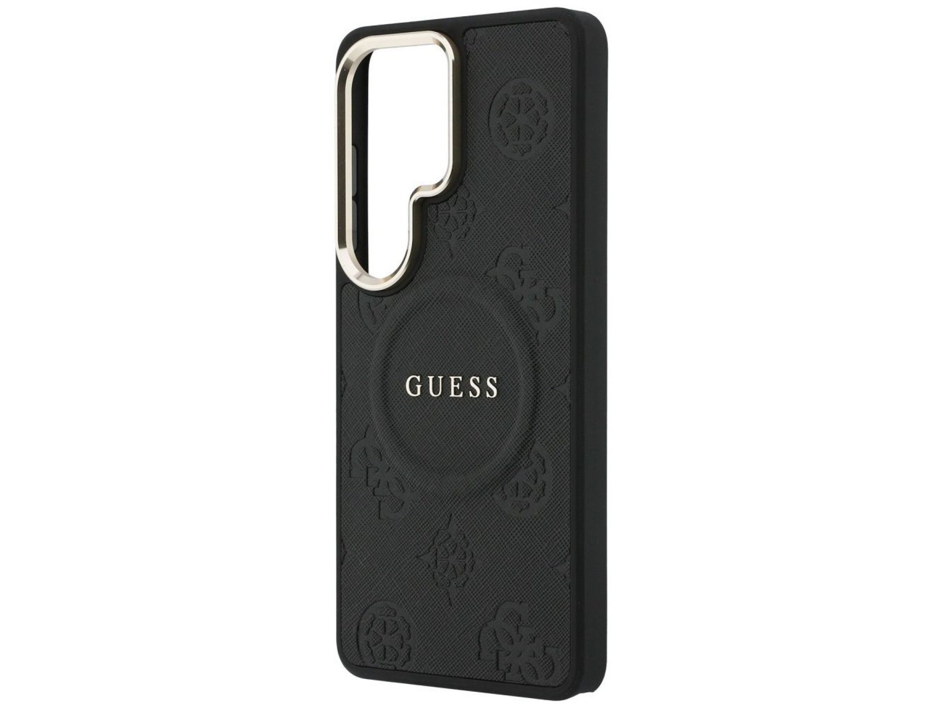 Funda Guess Saffiano Peony con anillo en relieve y MagSafe para Samsung Galaxy S26 Ultra - Negra