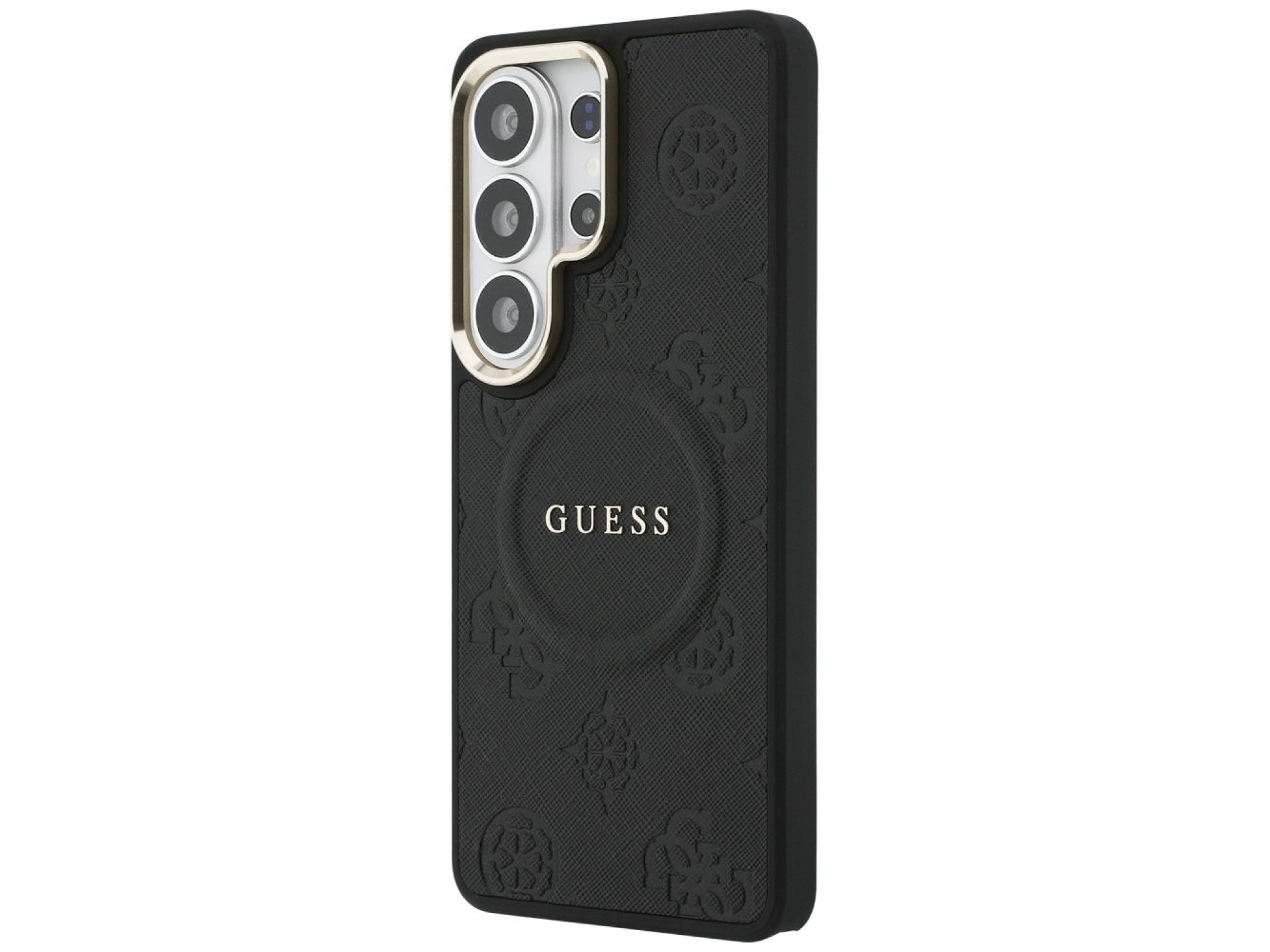 Funda Guess Saffiano Peony con anillo en relieve y MagSafe para Samsung Galaxy S26 Ultra - Negra