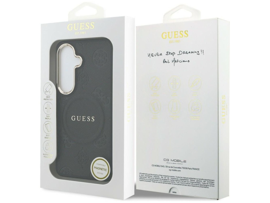 Capa Guess Saffiano Peony com Anel em Relevo e MagSafe para Samsung Galaxy S26+ - preta