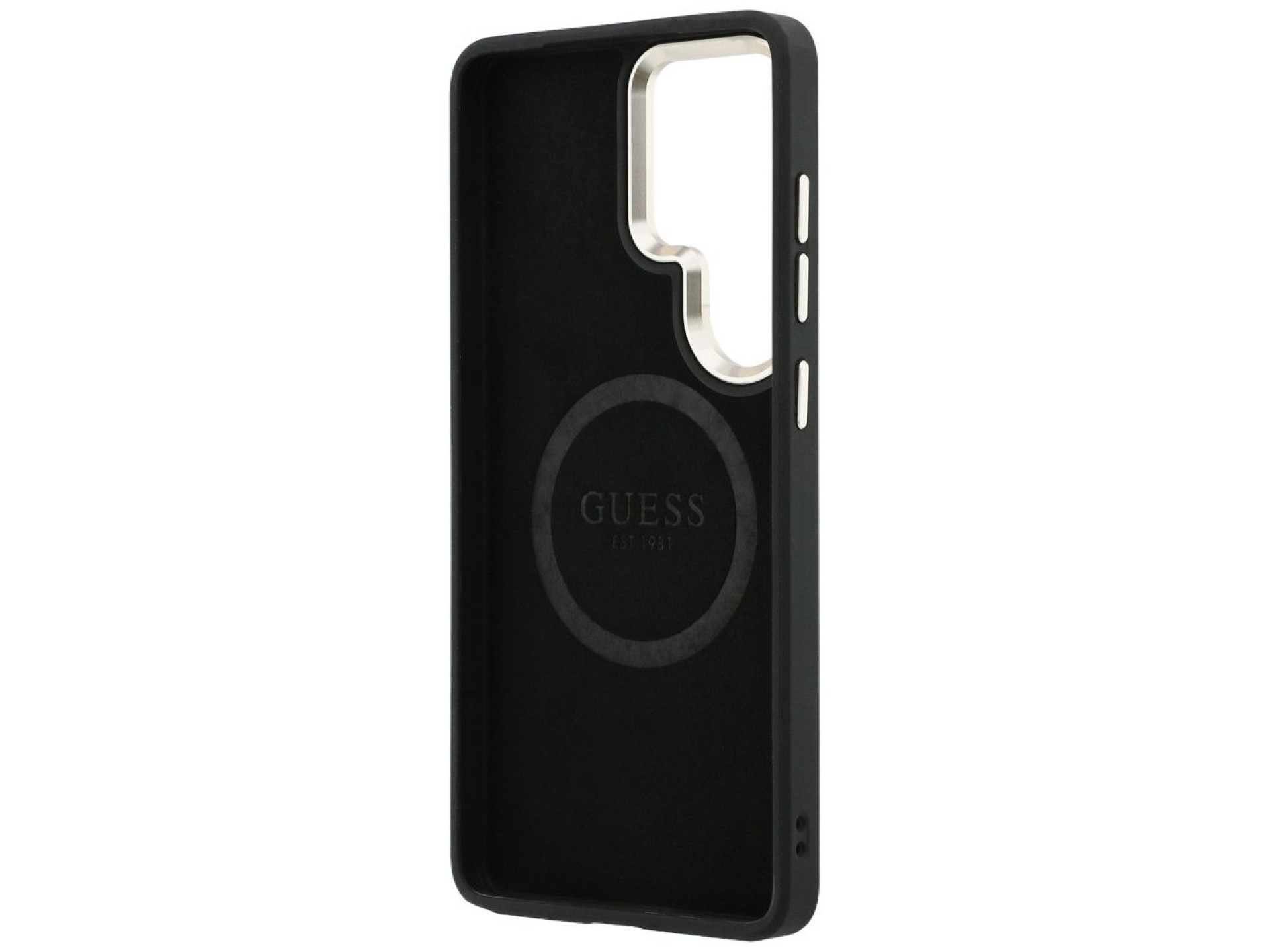 Funda Guess Saffiano Peony con anillo en relieve y MagSafe para Samsung Galaxy S26 Ultra - Negra