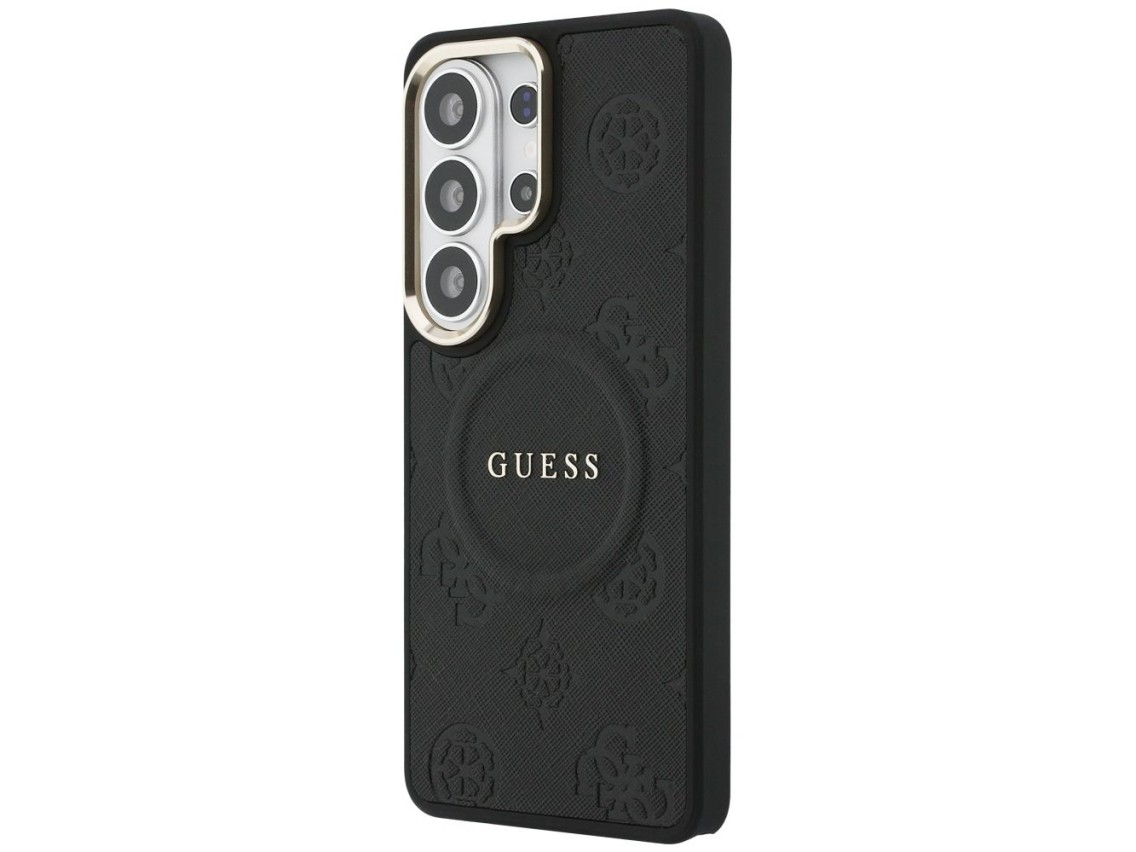 Funda Guess Saffiano Peony con anillo en relieve y MagSafe para Samsung Galaxy S26 Ultra - Negra