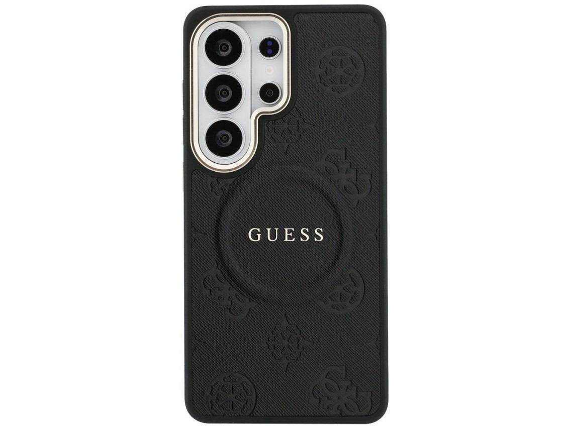 Funda Guess Saffiano Peony con anillo en relieve y MagSafe para Samsung Galaxy S26 Ultra - Negra