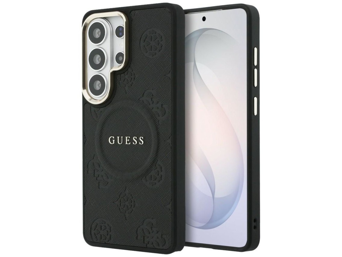 Funda Guess Saffiano Peony con anillo en relieve y MagSafe para Samsung Galaxy S26 Ultra - Negra