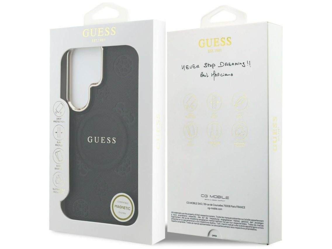 Funda Guess Saffiano Peony con anillo en relieve y MagSafe para Samsung Galaxy S26 Ultra - Negra