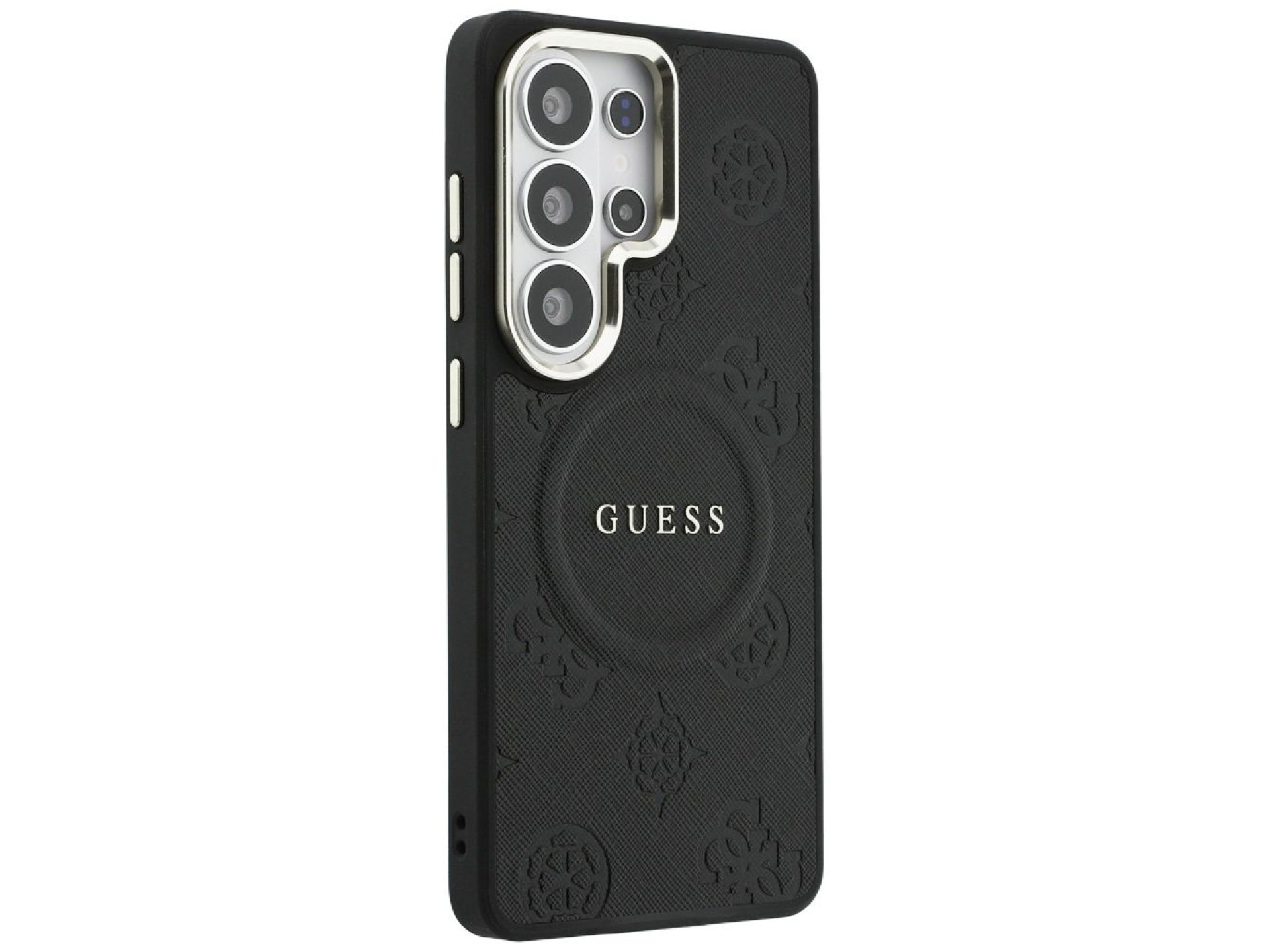Funda Guess Saffiano Peony con anillo en relieve y MagSafe para Samsung Galaxy S26 Ultra - Negra