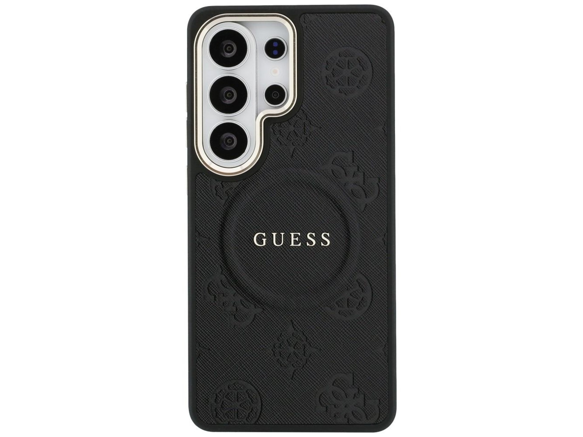 Funda Guess Saffiano Peony con anillo en relieve y MagSafe para Samsung Galaxy S26 Ultra - Negra