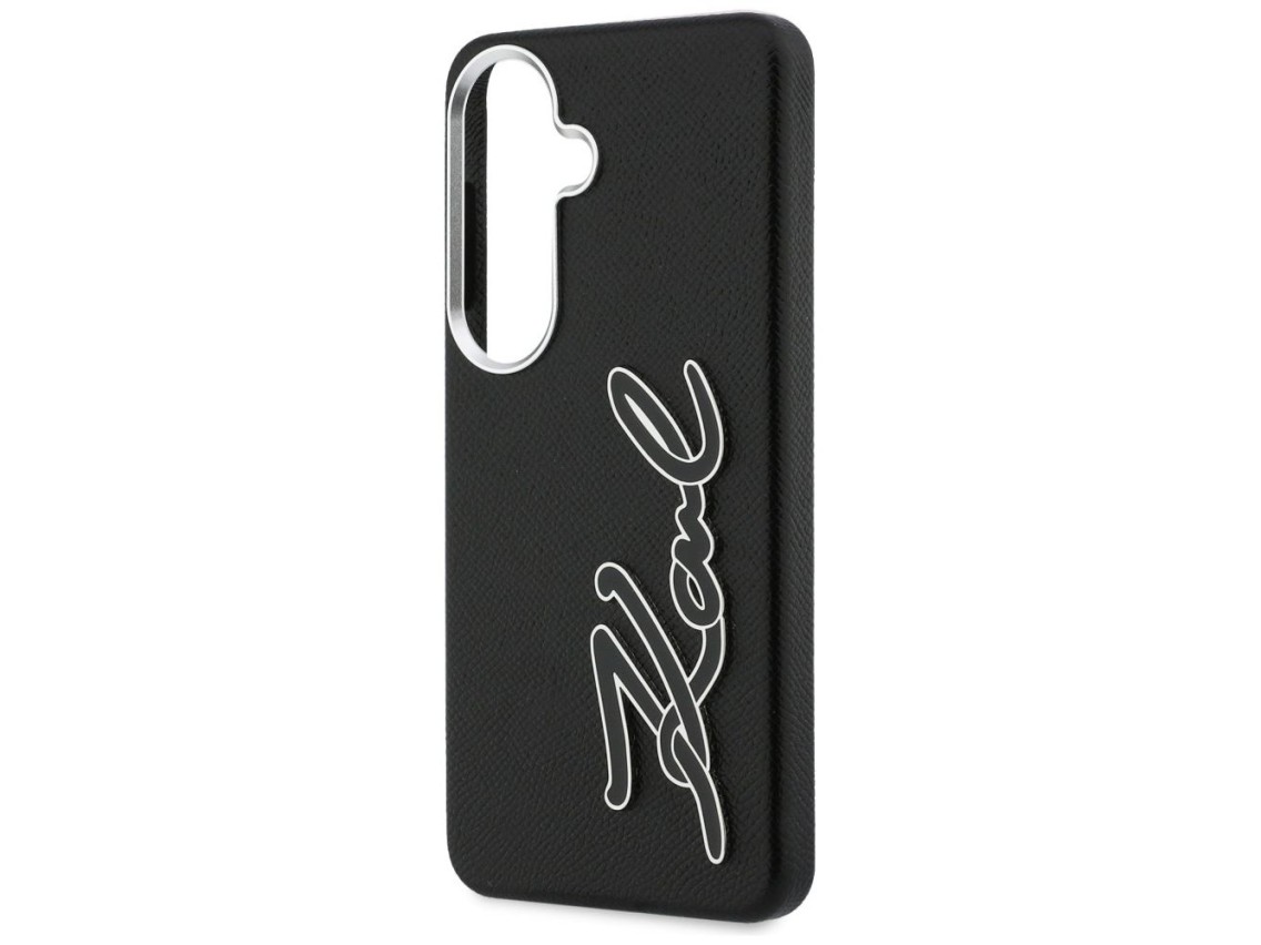 Capa para Samsung Galaxy S26 em resina metálica granulada com a assinatura de Karl Lagerfeld - Preta