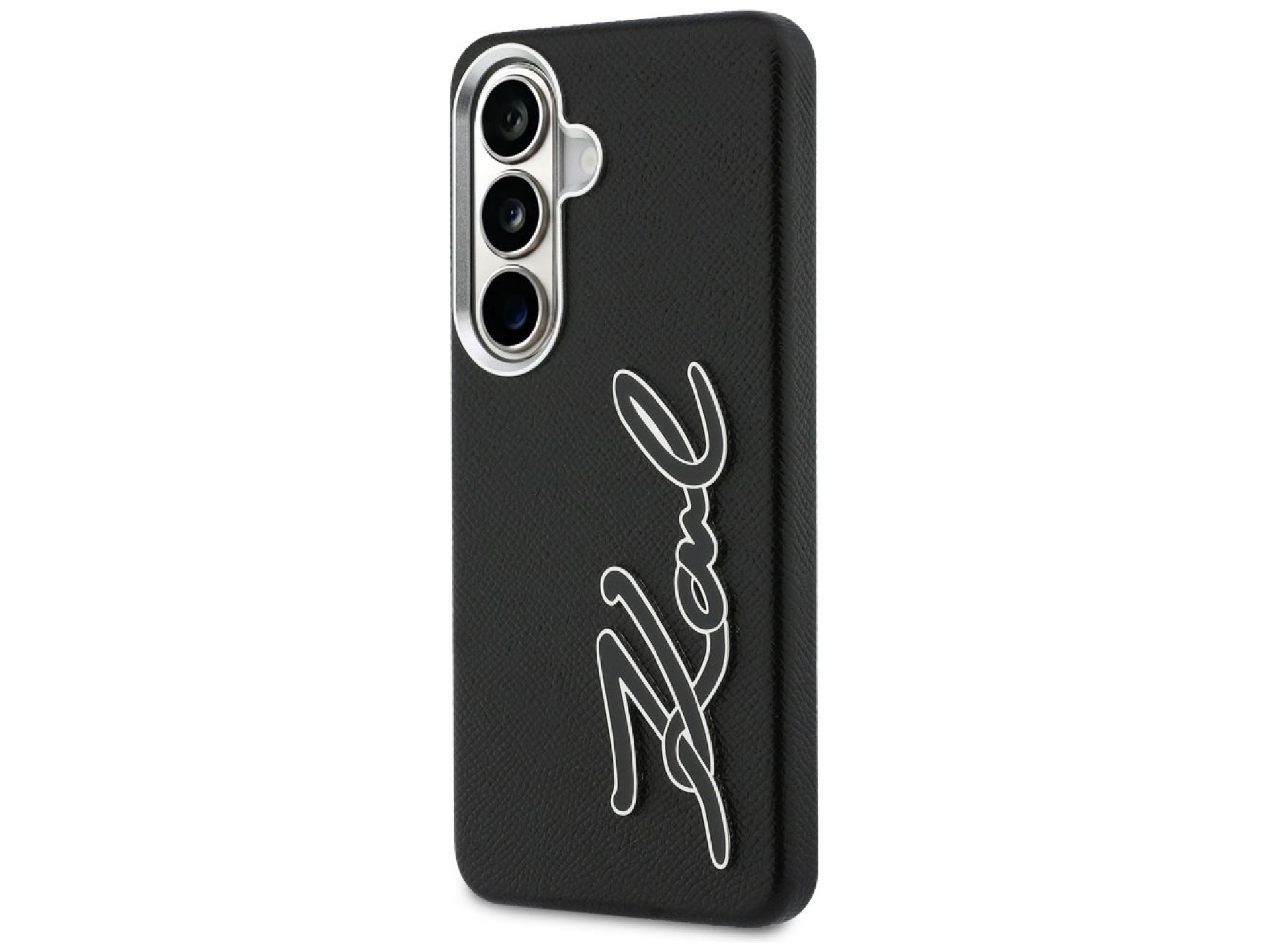 Capa para Samsung Galaxy S26 em resina metálica granulada com a assinatura de Karl Lagerfeld - Preta