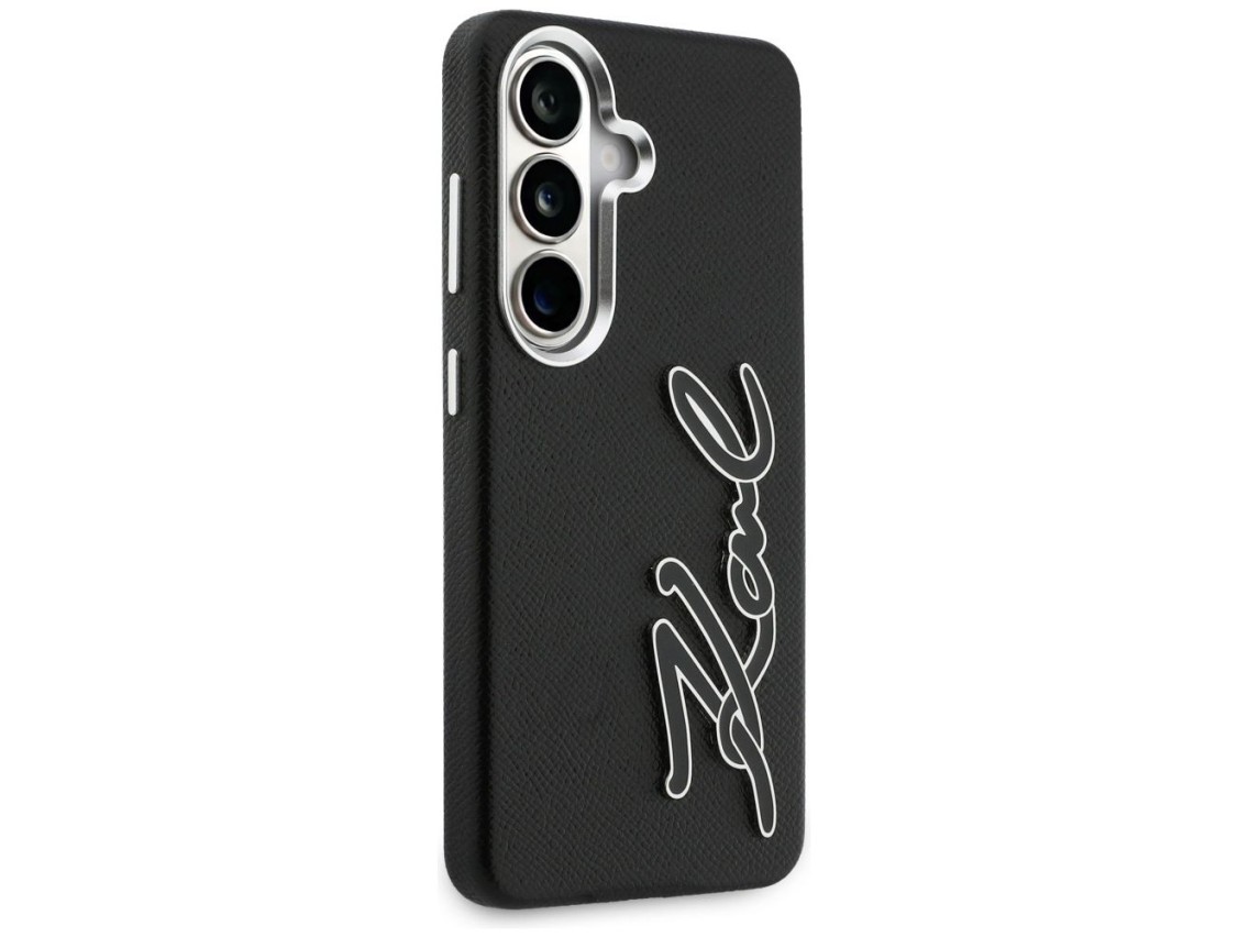 Capa para Samsung Galaxy S26 em resina metálica granulada com a assinatura de Karl Lagerfeld - Preta