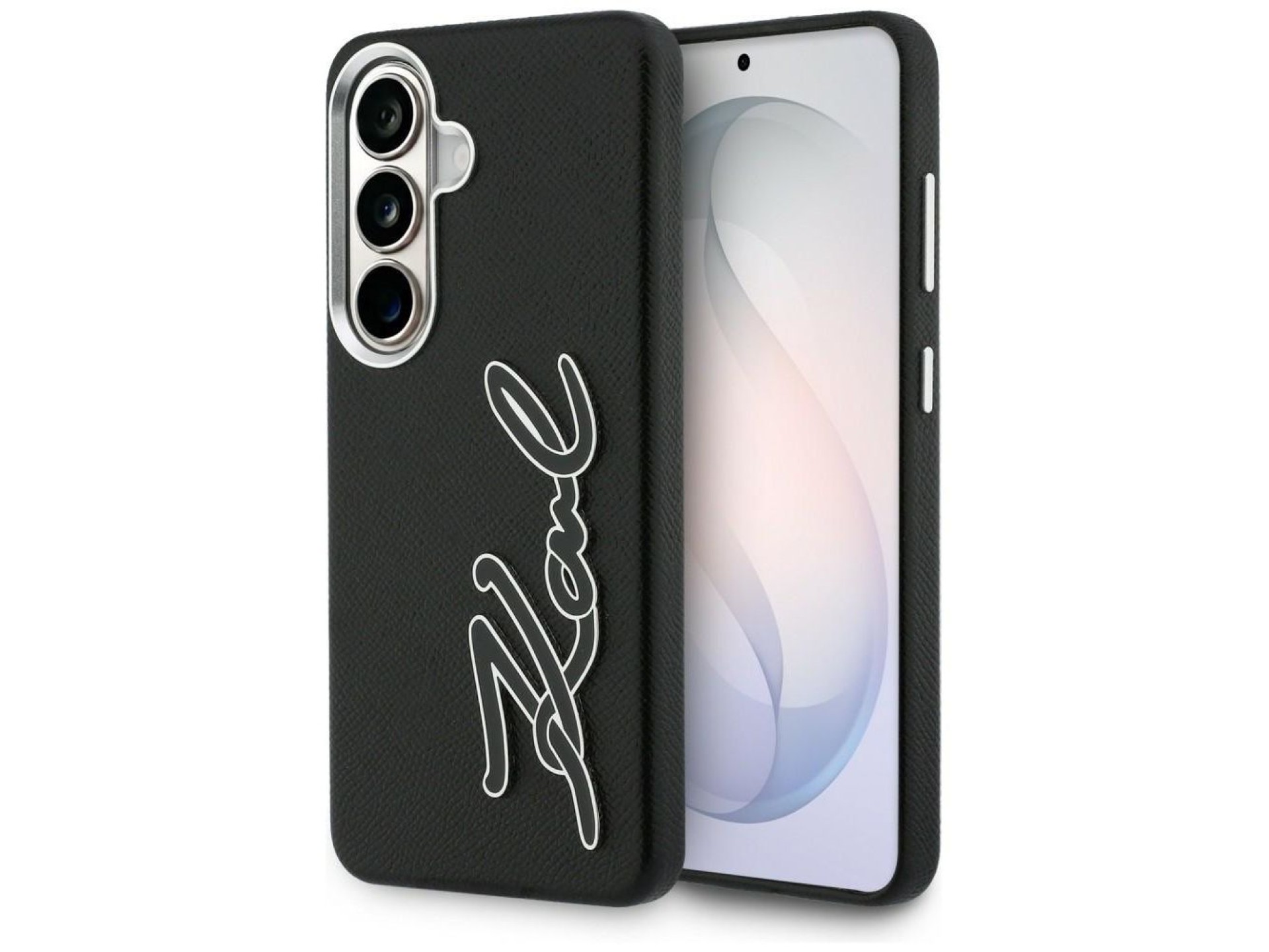 Capa para Samsung Galaxy S26 em resina metálica granulada com a assinatura de Karl Lagerfeld - Preta