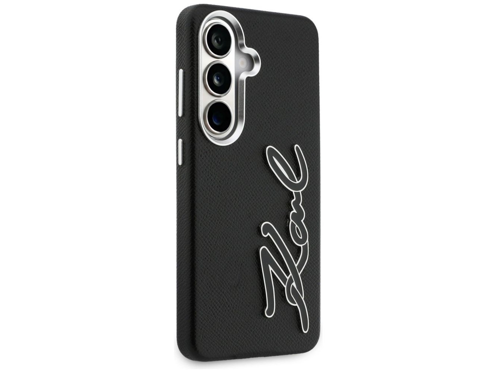 Capa para Samsung Galaxy S26 em resina metálica granulada com a assinatura de Karl Lagerfeld - Preta