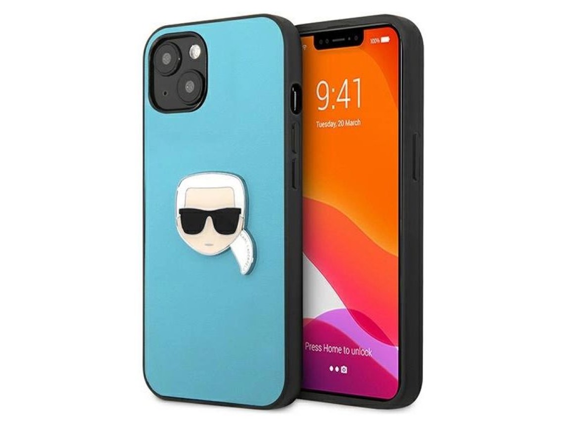 Funda de piel Karl Lagerfeld Ikonik Karl's Head Metal para iPhone 13 mini - Azul