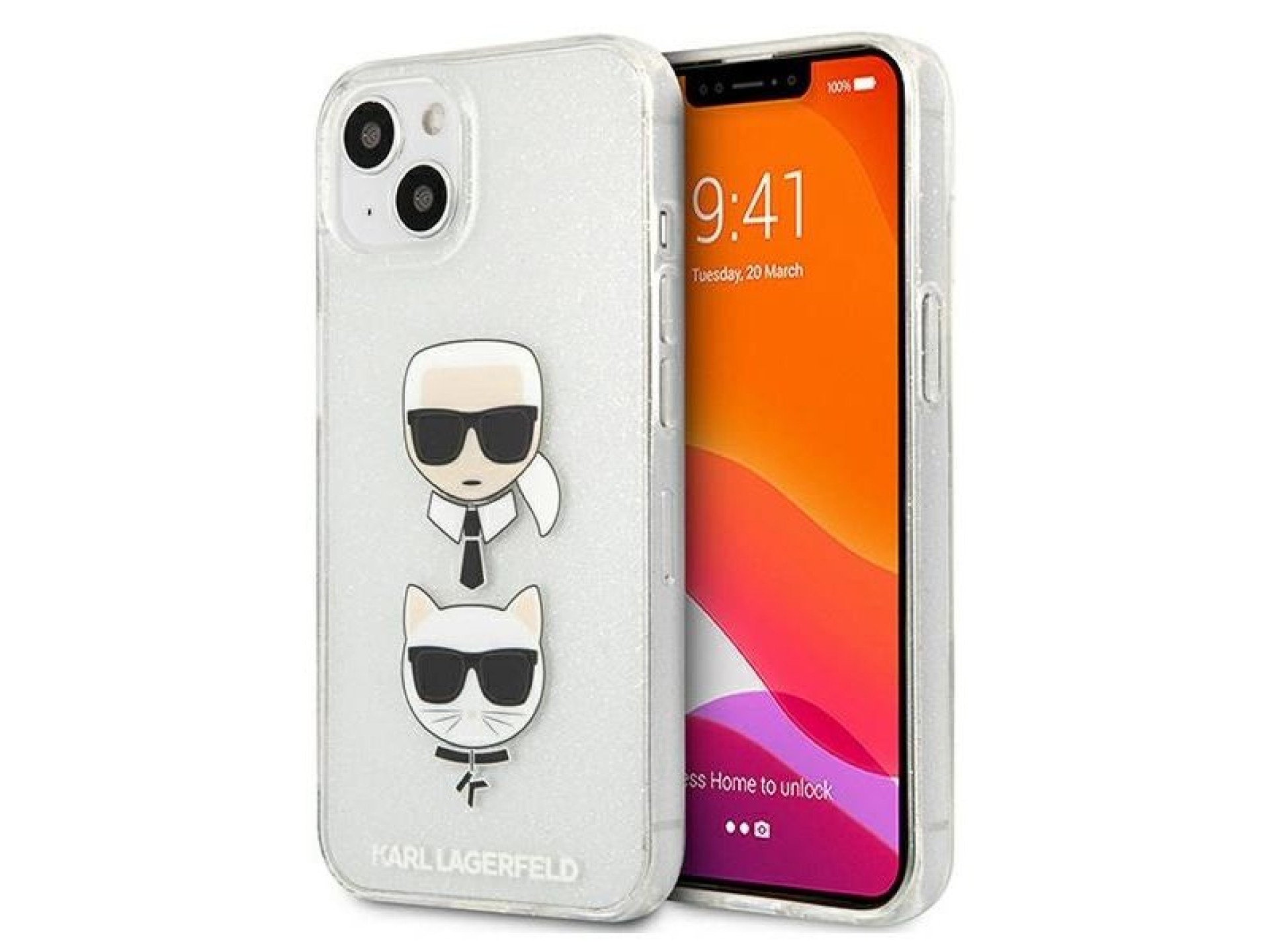 Capa para iPhone 13 mini com glitter Karl Lagerfeld Karl's & Choupette Head - prata