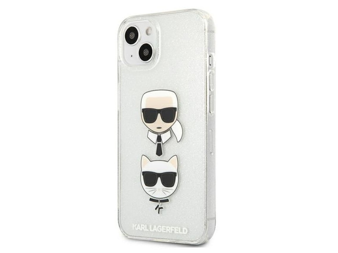 Capa para iPhone 13 mini com glitter Karl Lagerfeld Karl's & Choupette Head - prata