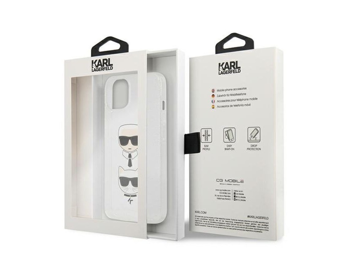 Capa para iPhone 13 mini com glitter Karl Lagerfeld Karl's & Choupette Head - prata