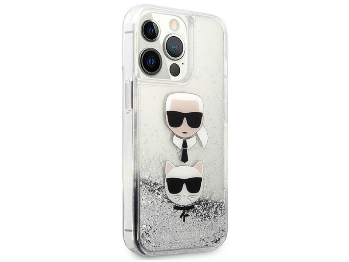 Capa Karl Lagerfeld Liquid Glitter Karl&Choupette Head para iPhone 13 Pro / iPhone 13 - prata