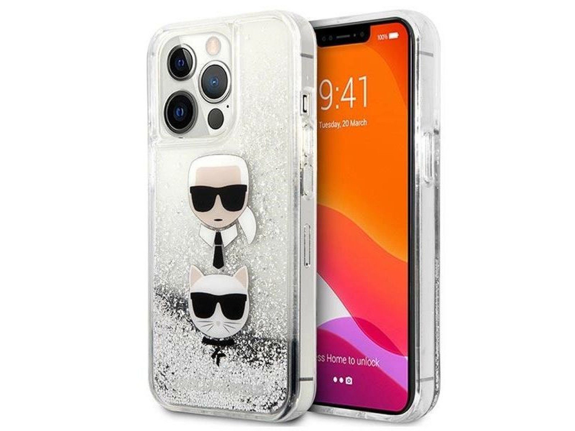 Capa Karl Lagerfeld Liquid Glitter Karl&Choupette Head para iPhone 13 Pro Max - prata