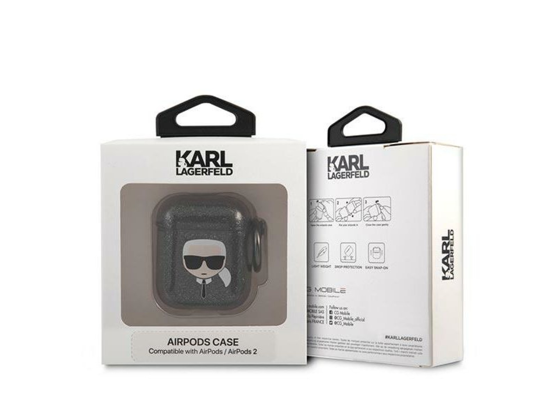 Capa para AirPods 1/2 com glitter e a cabeça do Karl Lagerfeld - Preta