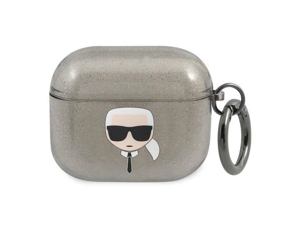 Capa para AirPods 3 com glitter e a cabe�a do Karl Lagerfeld - Preta