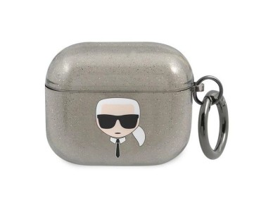 Capa para AirPods 3 com glitter e a cabe�a do Karl Lagerfeld - Preta