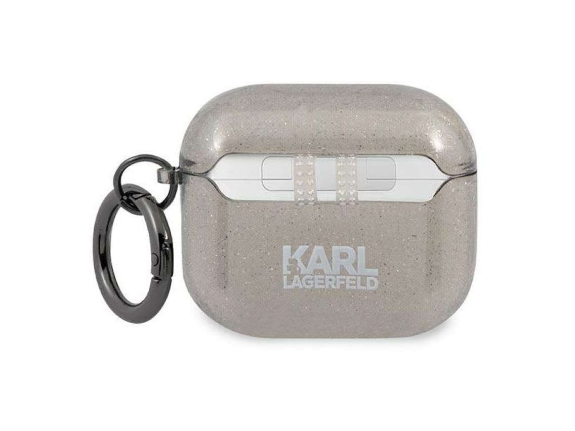 Capa para AirPods 3 com glitter e a cabe�a do Karl Lagerfeld - Preta