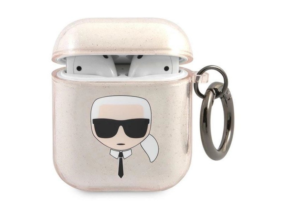Capa para AirPods 1/2 com glitter e a cabeça do Karl Lagerfeld - Dourada