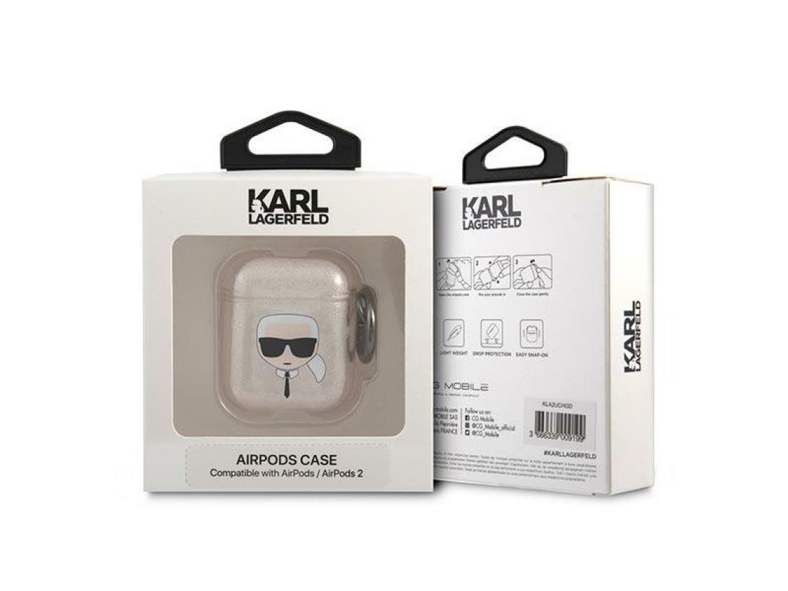 Capa para AirPods 1/2 com glitter e a cabeça do Karl Lagerfeld - Dourada