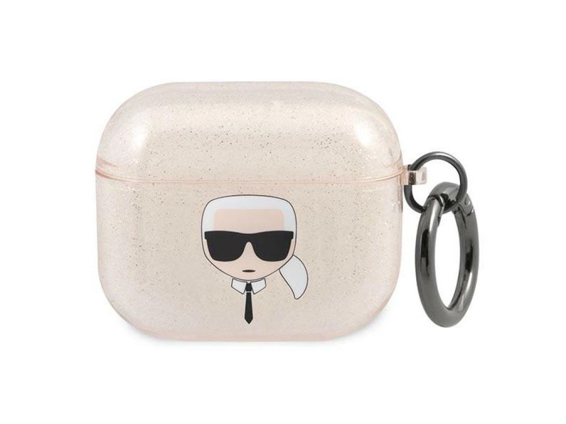 Capa para AirPods 3 com glitter em formato de cabeça de Karl Lagerfeld - Dourada