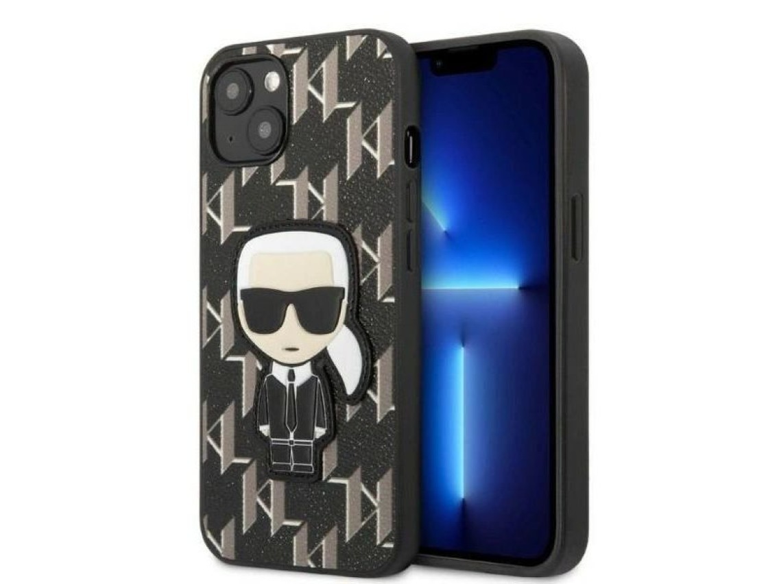 Karl Lagerfeld KLHCP13SPMNIKBK iPhone 13 mini 5.4" capa rígida preta/preta com patch Monogram Ikonik