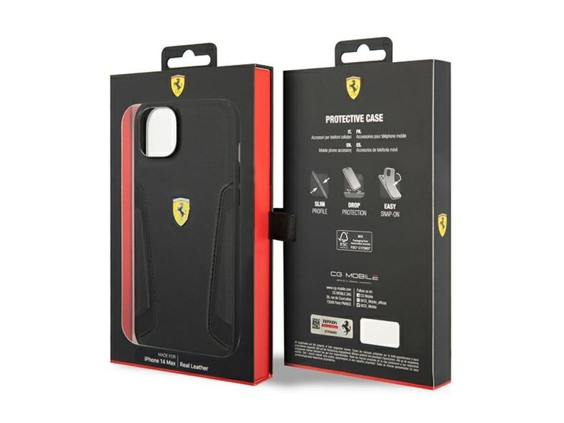 Ferrari FEHCP14MRBUK iPhone 14 Plus 6.7" capa rígida preta/preta com laterais em couro estampado