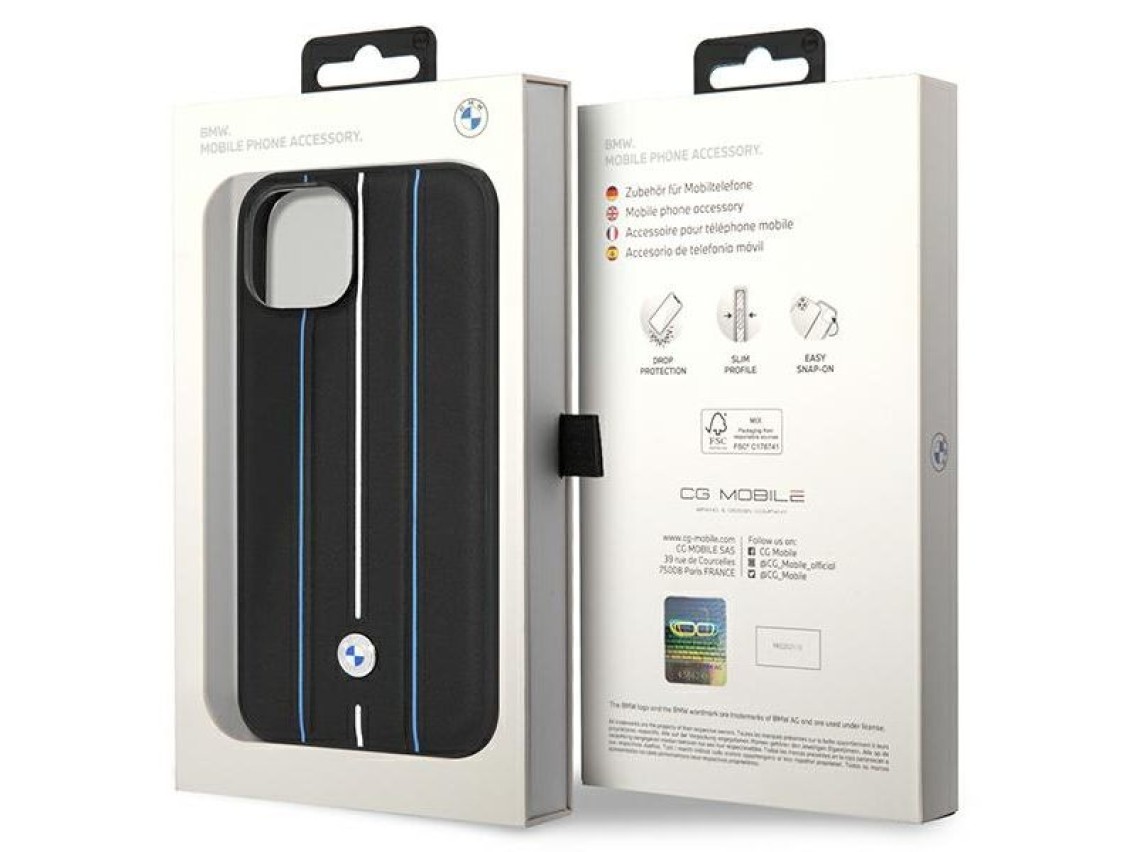 Funda BMW BMHCP14S22RVSK para iPhone 14 de 6,1" negra/negra, r�gida, de cuero con estampado de l�nea