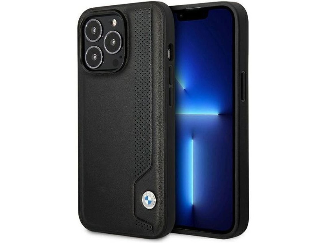 Funda BMW BMHCP14L22RBDK para iPhone 14 Pro de 6,1" negra/negra, rígida, de piel con puntos azules.