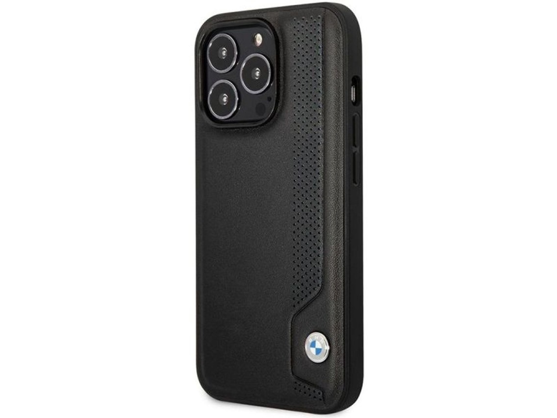 Funda BMW BMHCP14L22RBDK para iPhone 14 Pro de 6,1" negra/negra, rígida, de piel con puntos azules.