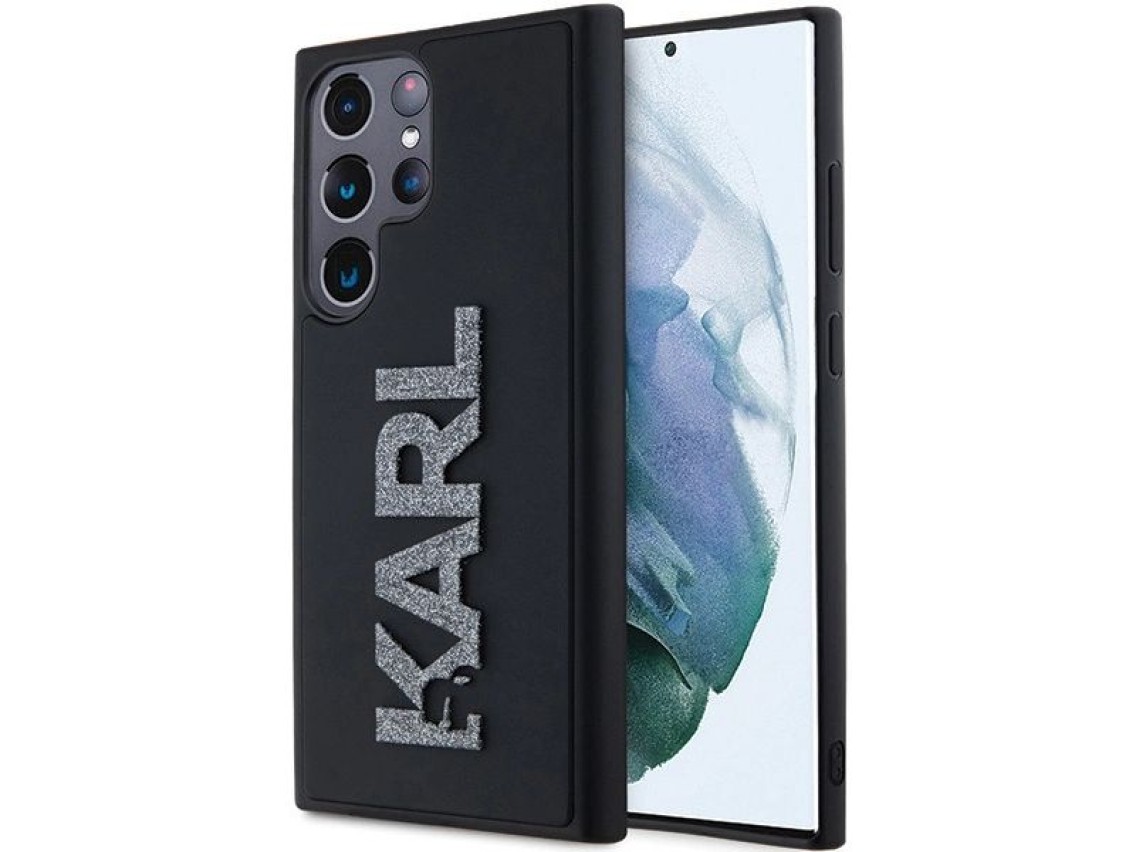 Capa com o logotipo Karl Lagerfeld em 3D com glitter para Samsung Galaxy S23 Ultra - preta