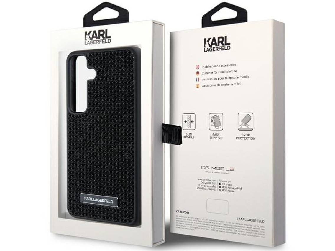 Capa com logotipo Karl Lagerfeld em metal cravejado de strass para Samsung Galaxy S24+ - preta