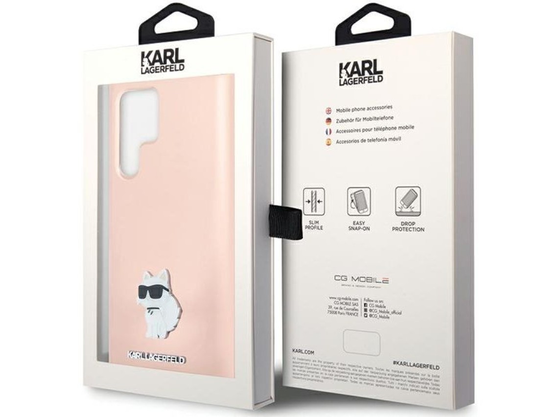 Capa de silicone Karl Lagerfeld Choupette com alfinete de metal para Samsung Galaxy S23 Ultra - rosa