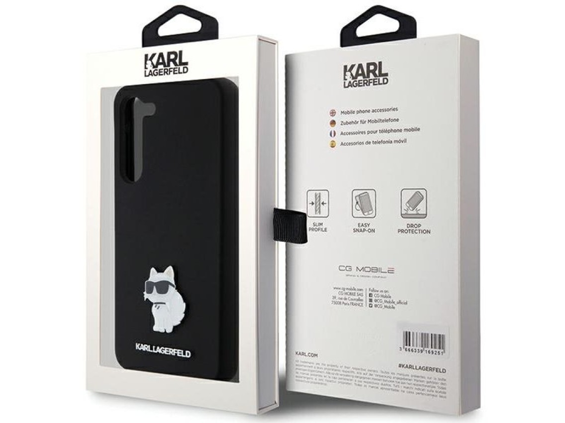 Funda de silicona Karl Lagerfeld Choupette con pin metálico para Samsung Galaxy S23+ - negra