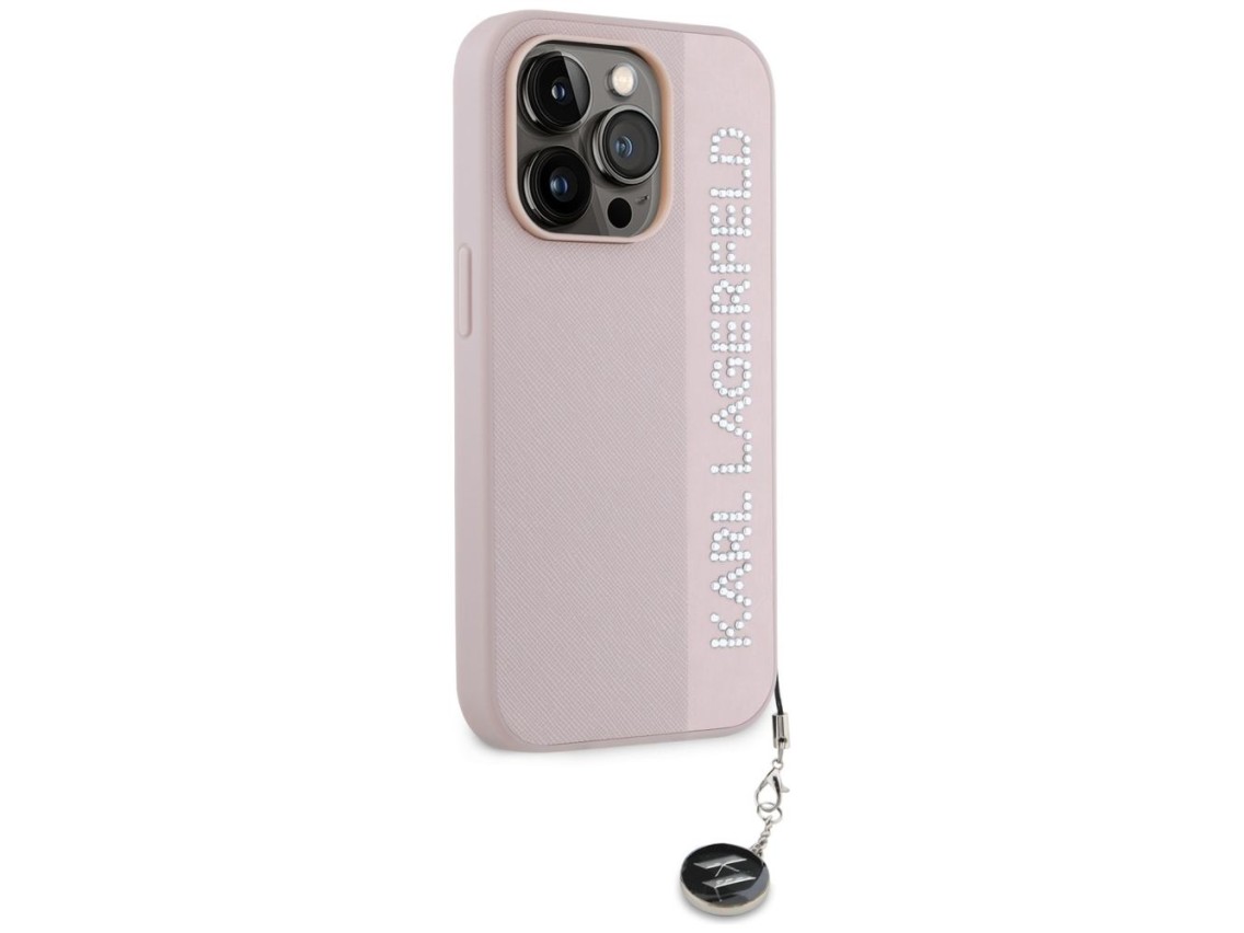Capa Karl Lagerfeld Saffiano com strass e pingentes para iPhone 15 Pro - rosa