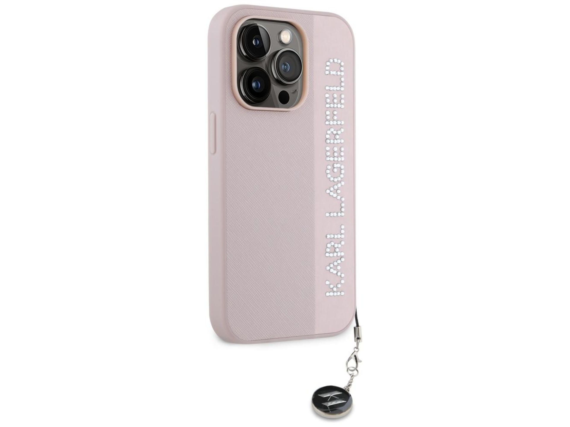 Capa Karl Lagerfeld Saffiano com strass e pingentes para iPhone 15 Pro - rosa