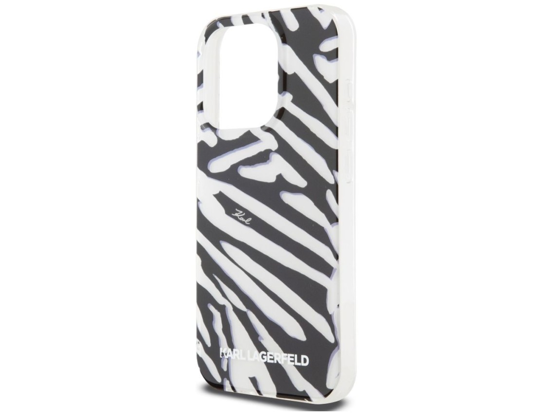 Capa Karl Lagerfeld IML com estampa de zebra e cordão para iPhone 15 Pro - preta