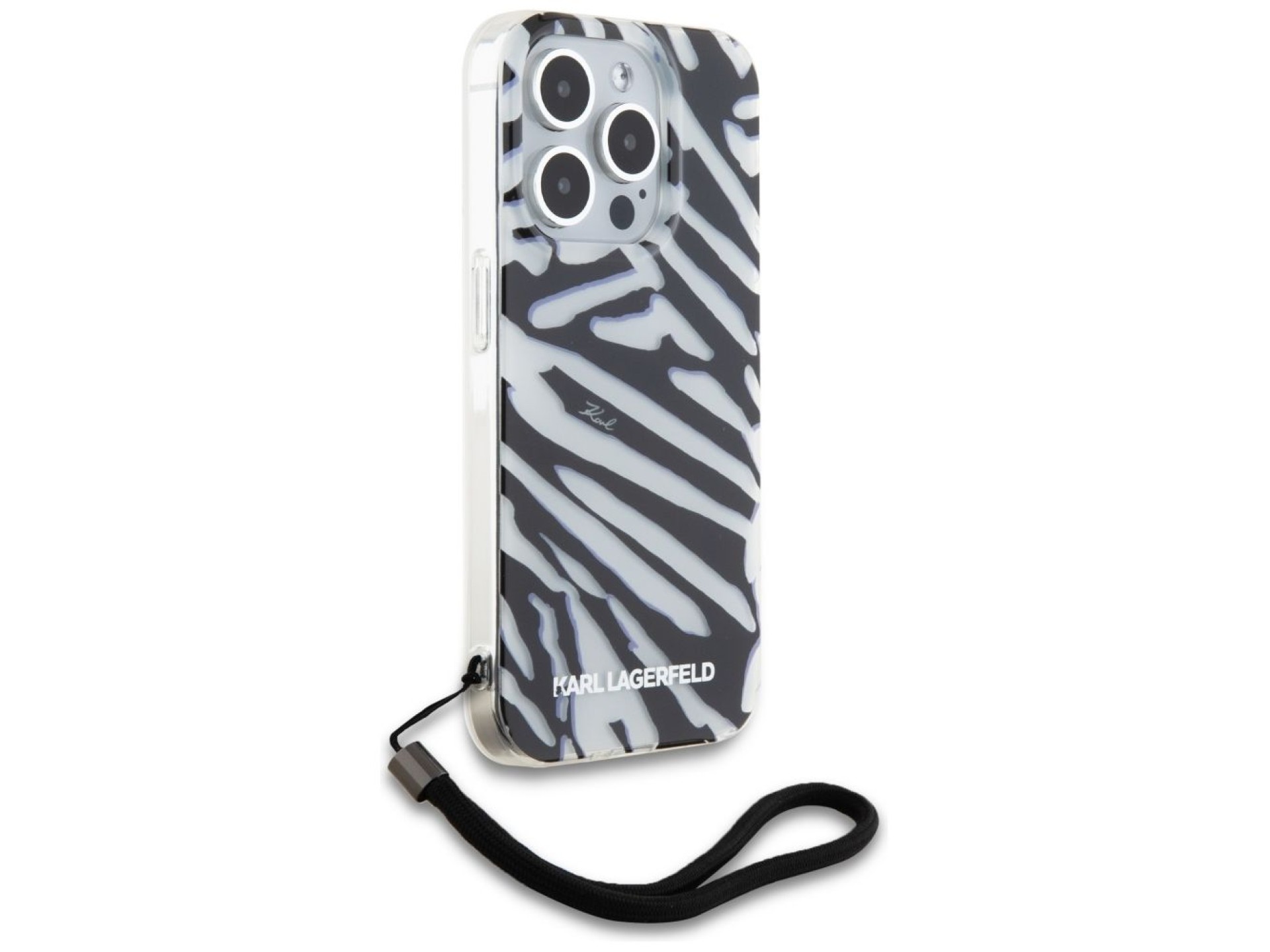 Capa Karl Lagerfeld IML com estampa de zebra e cordão para iPhone 15 Pro - preta