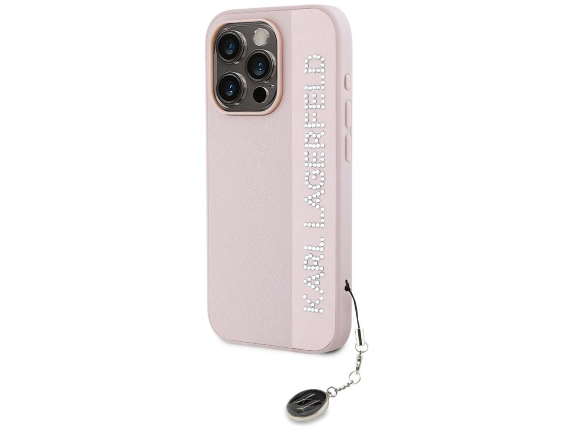 Capa Karl Lagerfeld Saffiano com strass e pingentes para iPhone 15 Pro - rosa