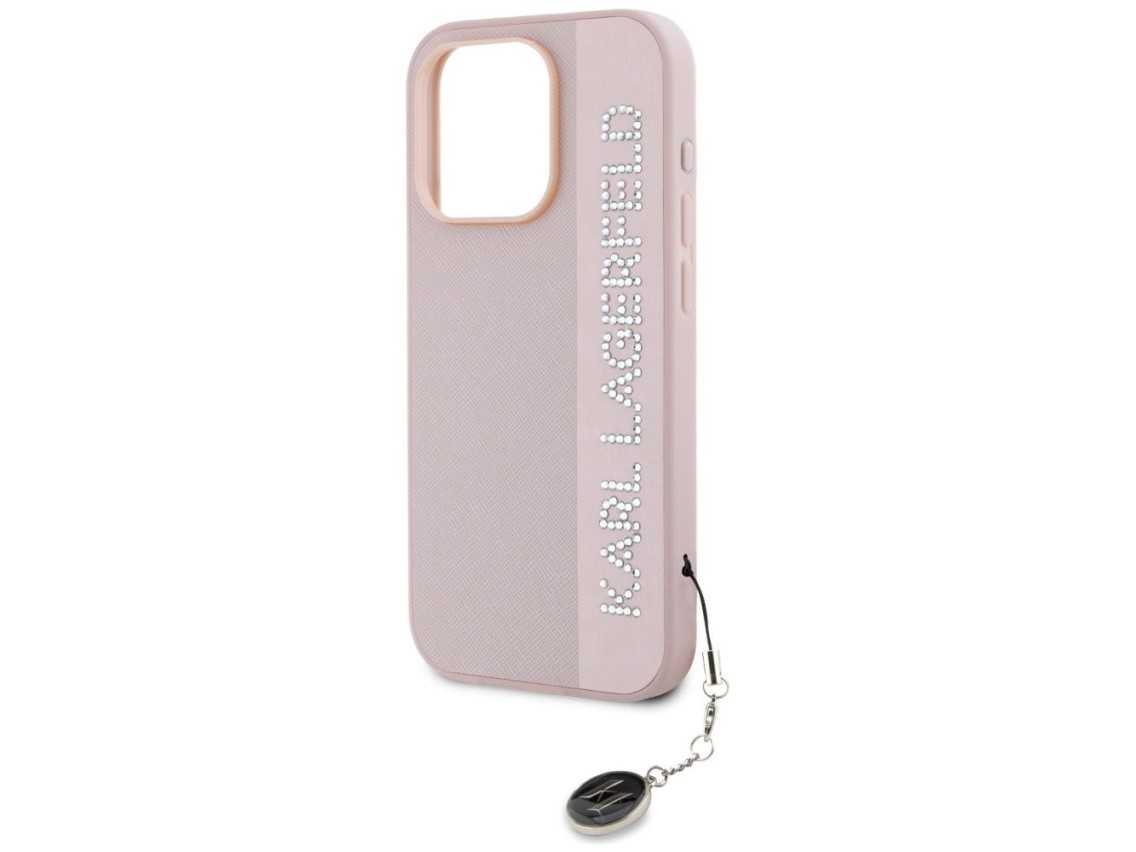 Capa Karl Lagerfeld Saffiano com strass e pingentes para iPhone 15 Pro - rosa