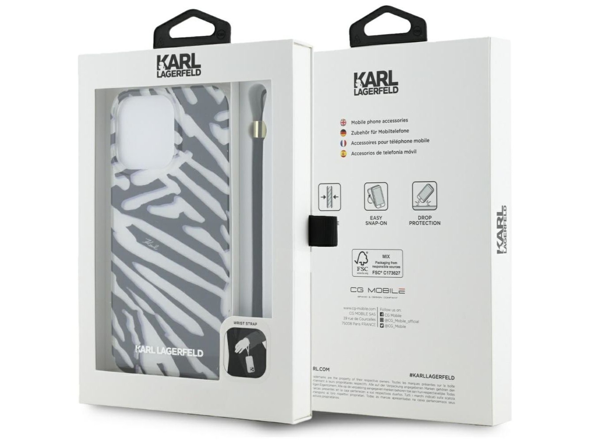 Capa Karl Lagerfeld IML com estampa de zebra e cordão para iPhone 15 Pro - preta