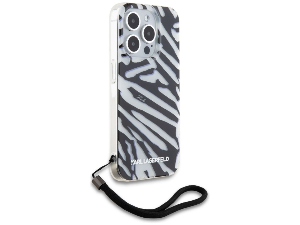 Capa Karl Lagerfeld IML com estampa de zebra e cordão para iPhone 15 Pro - preta