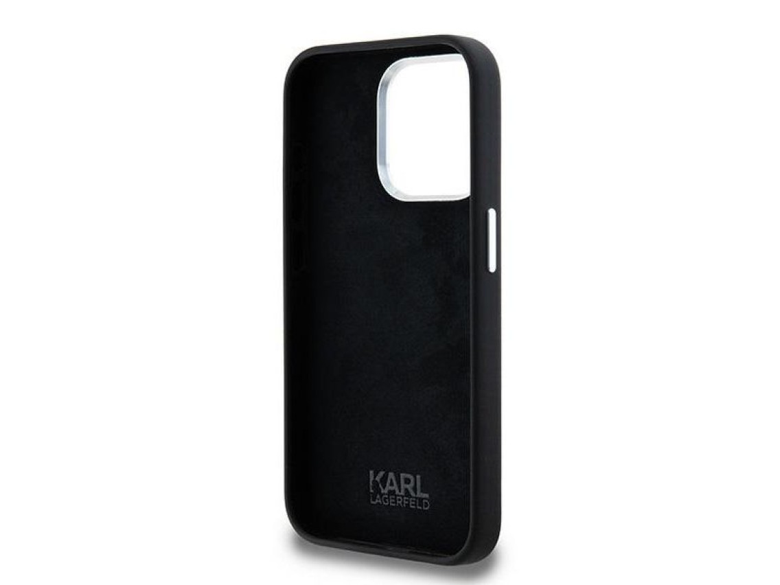 Capa de silicone com logo metálico Karl Lagerfeld para iPhone 15 Pro - preta