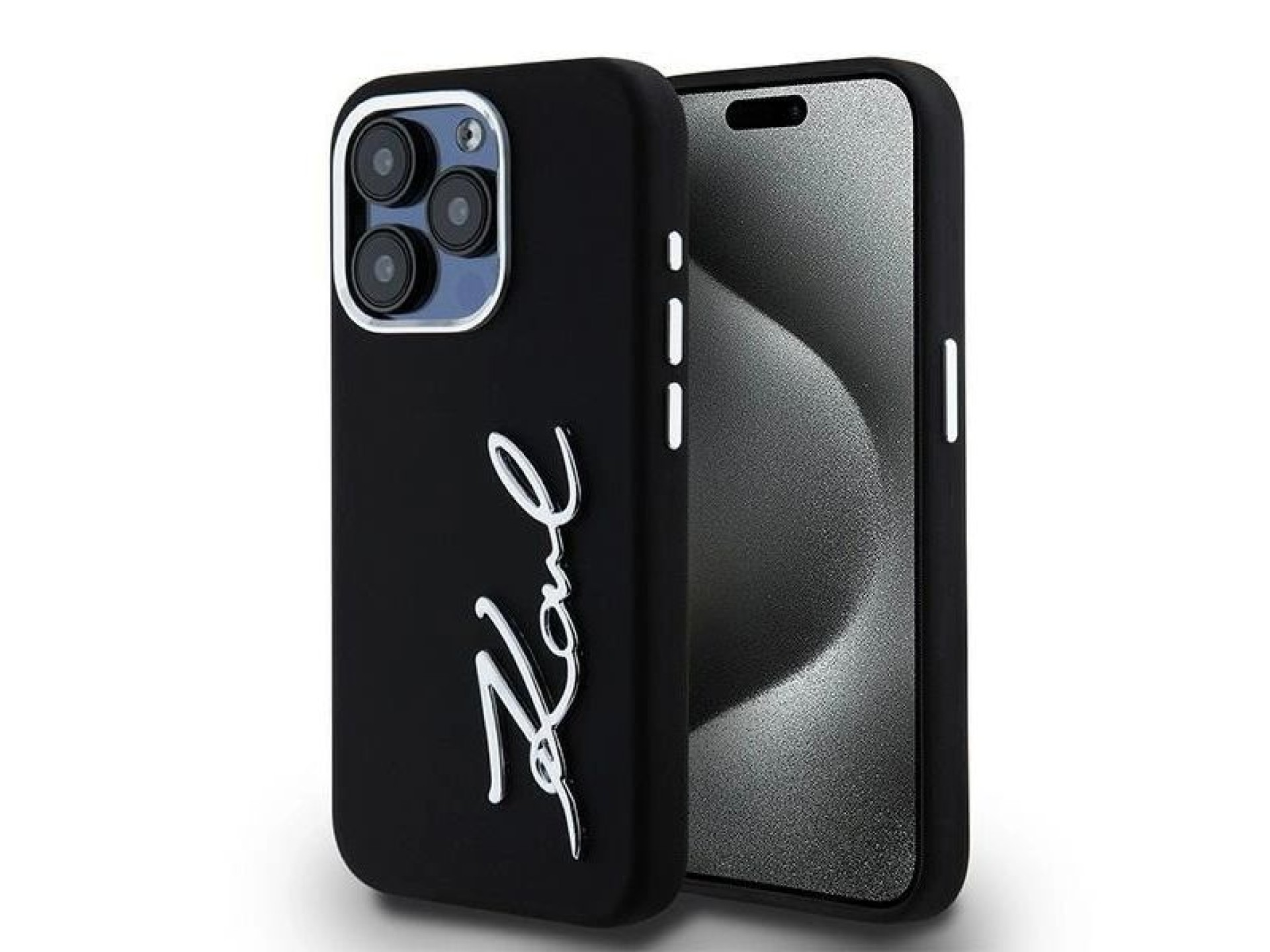 Capa de silicone com logo metálico Karl Lagerfeld para iPhone 15 Pro - preta