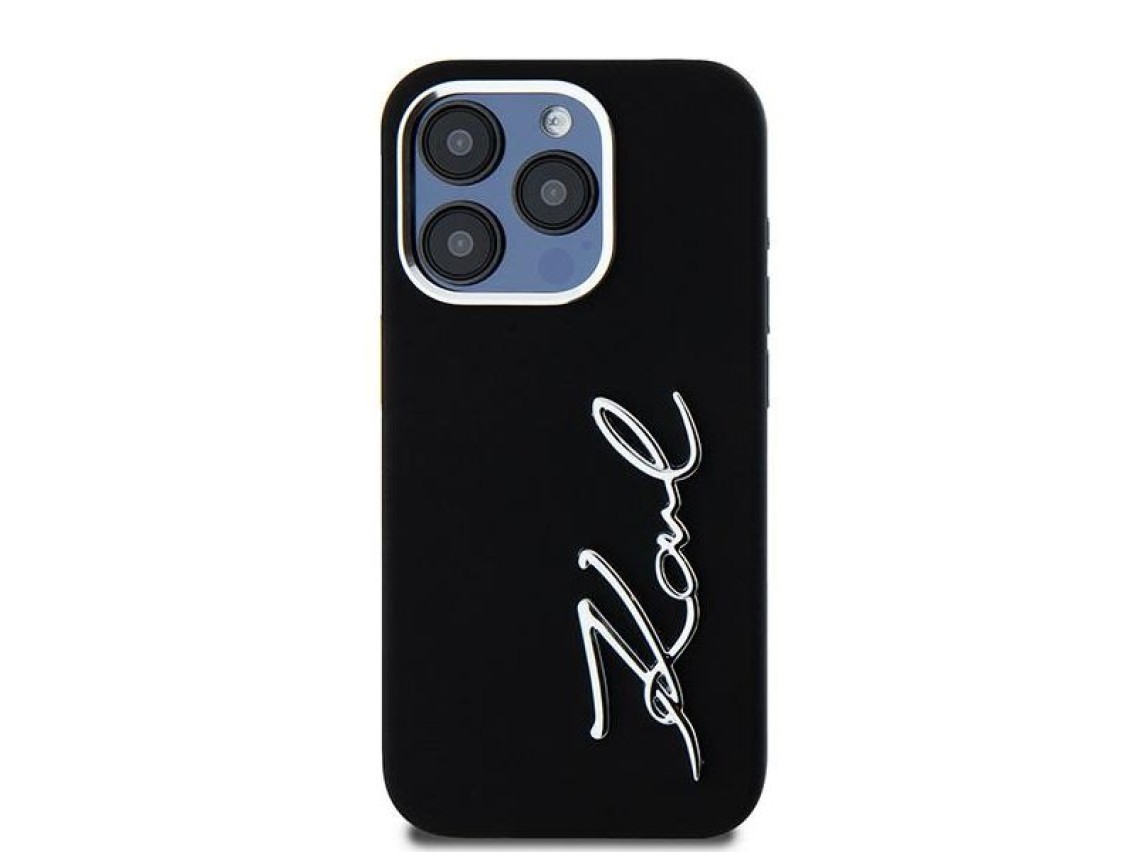Capa de silicone com logo metálico Karl Lagerfeld para iPhone 15 Pro - preta